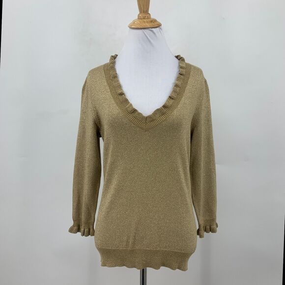 Chaps Metallic Shimmer Sweater Womens Ruffle V Neck 3/4 Sleeve Pullover Blouson - Picture 2 of 10